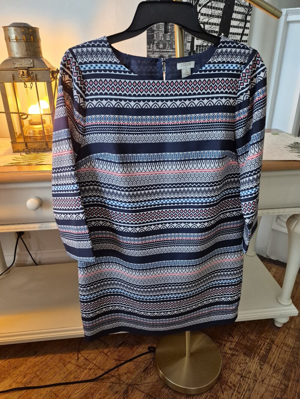 J. Crew Navy, White and Pink Geometric Long Sleeve Shift Dress